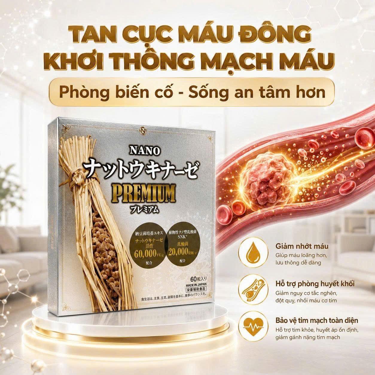 Nano Nattokinase Premium flyer with Japan-inspired circulation wellness information