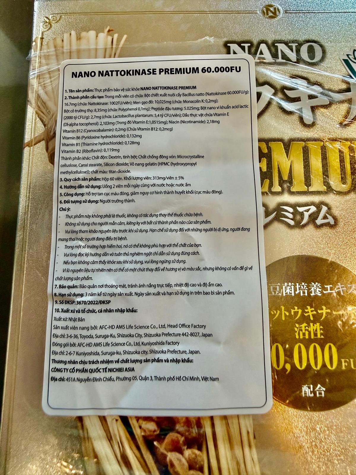 Vietnamese supplementary label for Nano Nattokinase Premium