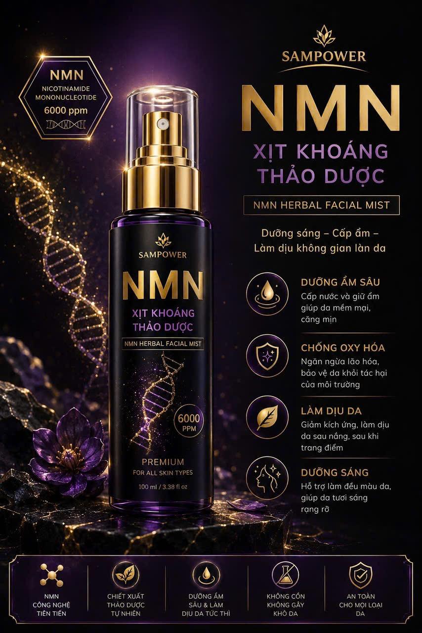 Sampower NMN Herbal Facial Mist product and benefits flyer