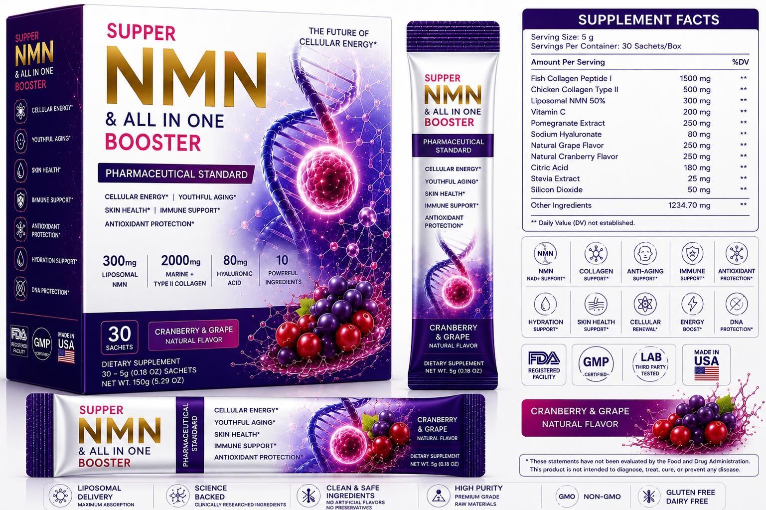 Super NMN and All In One Booster supplement facts and sachet packaging